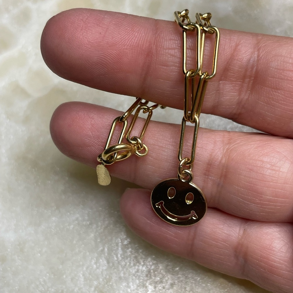GOLD 14k Gold-Filled Paperclip Chain Bracelet - Smiley double side Face Charm - Picture 2 of 7